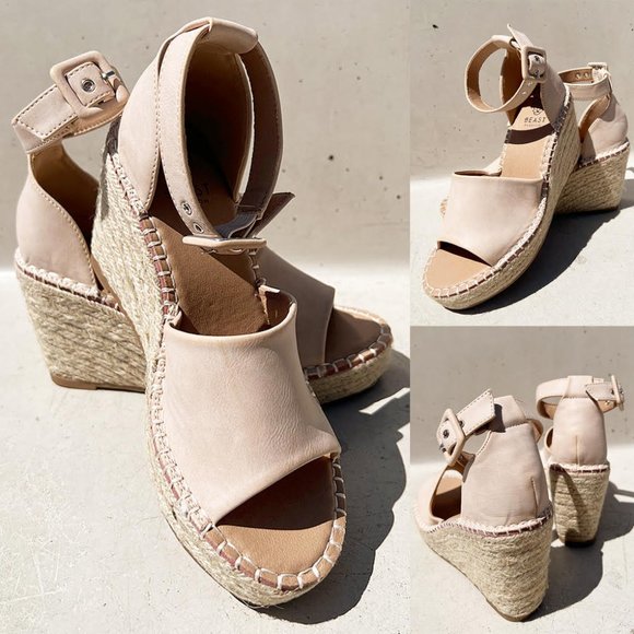 NEW Sand Nude Faux Leather Ankle Buckle Strap Espadrille Platform Wedge Sandals - Picture 8 of 13
